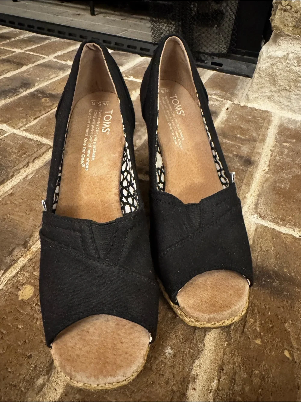 Toms Black Canvas Wedge Espadrille Peep Toe